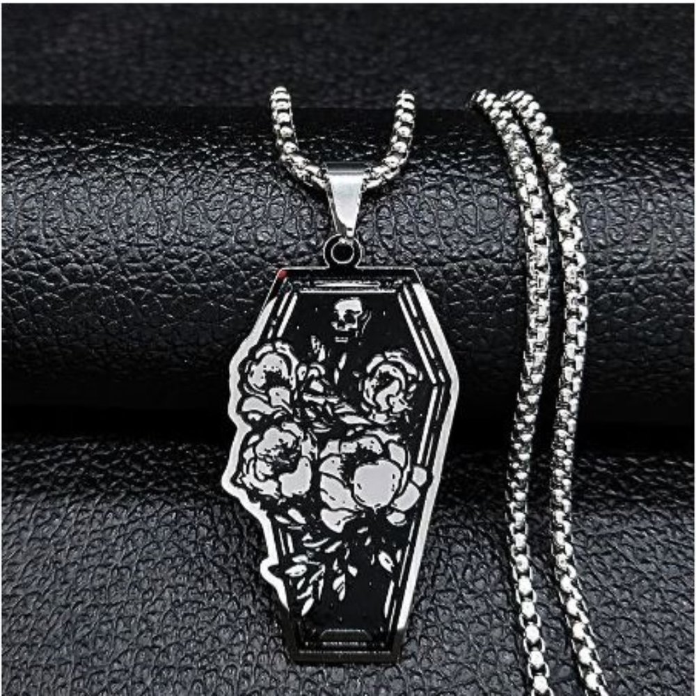 Coffin, Skeleton, Rose Stainless Steel Necklace